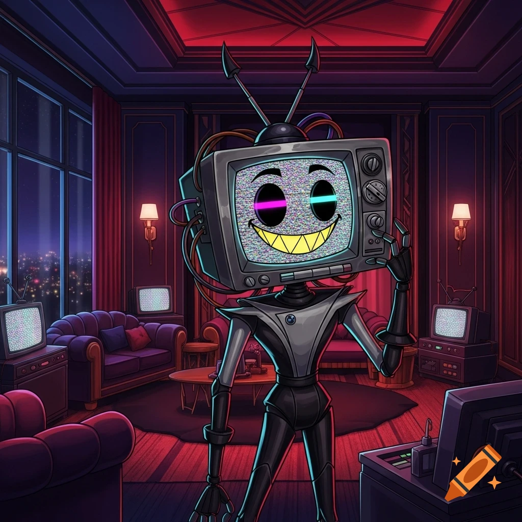 A cartoon robot with a TV head displaying static, neon eyes, and a jagged yellow smile, standing in a dark, luxurious room with red lighting and city lights visible outside a large window.