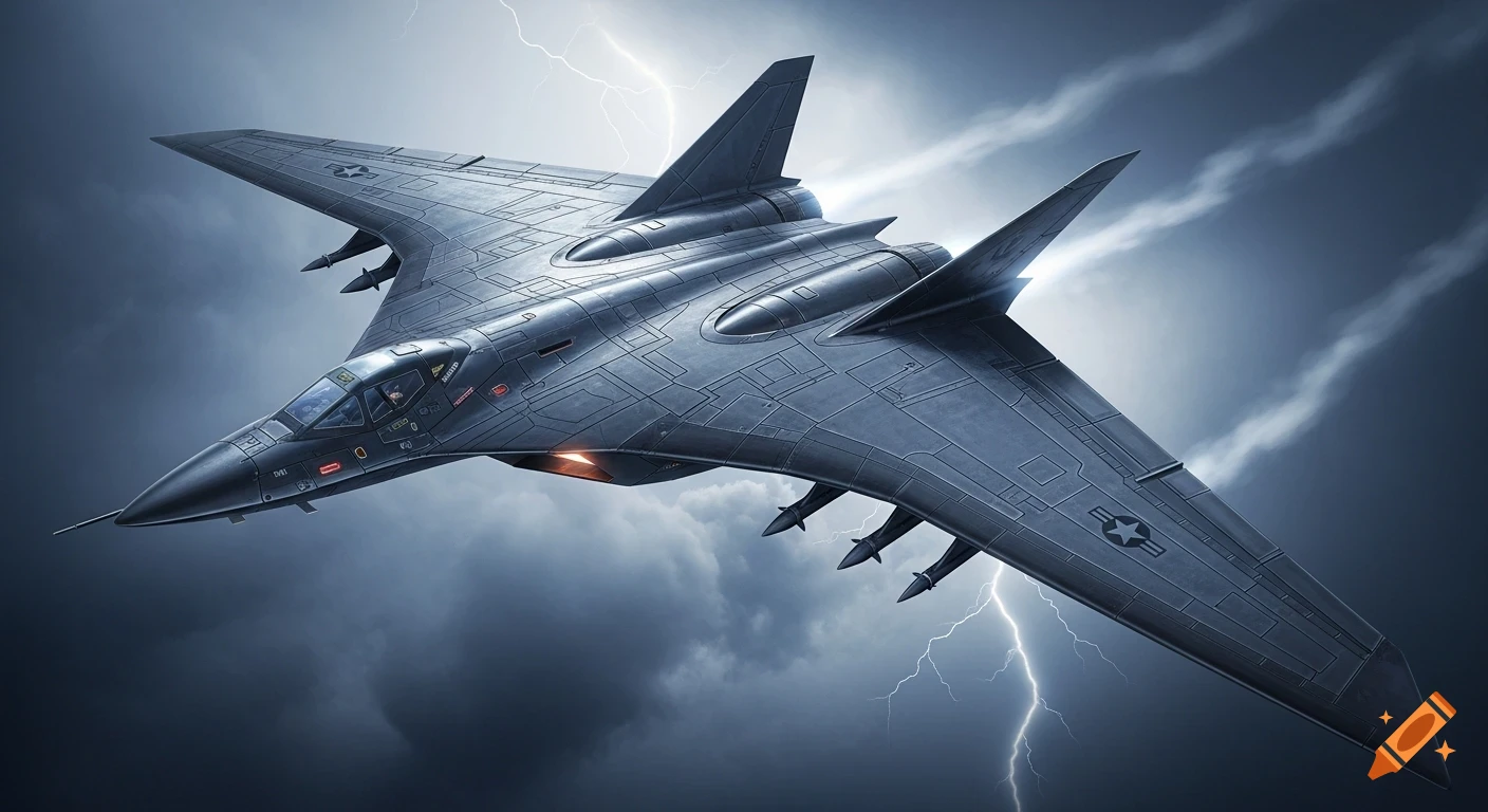 A dark, futuristic batwing-style military jet flies through a stormy sky with lightning.