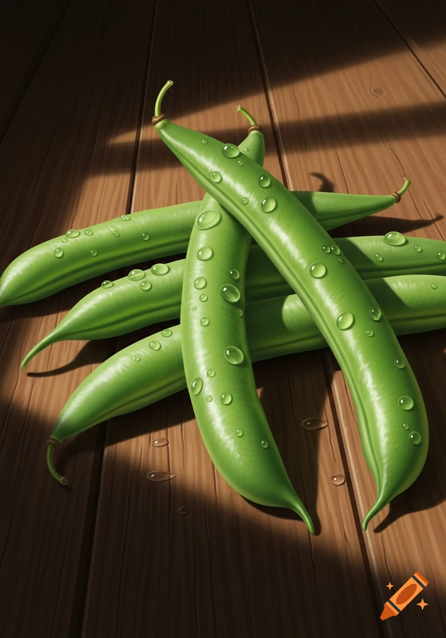 Close-up illustration of several fresh green beans with water droplets on a wooden surface, with dappled light.