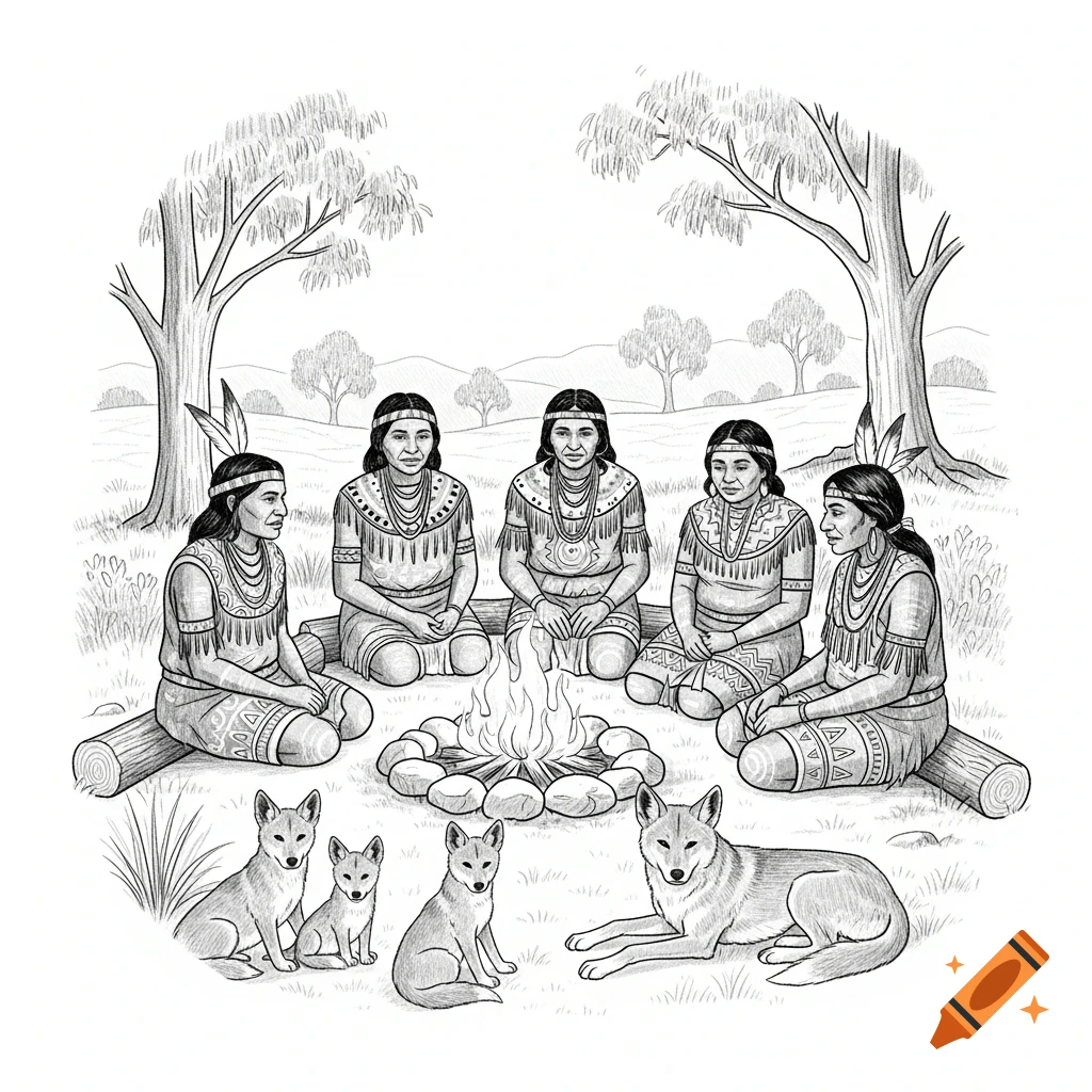 A black and white sketch depicts five indigenous women in traditional attire sitting around a campfire with four dingoes.