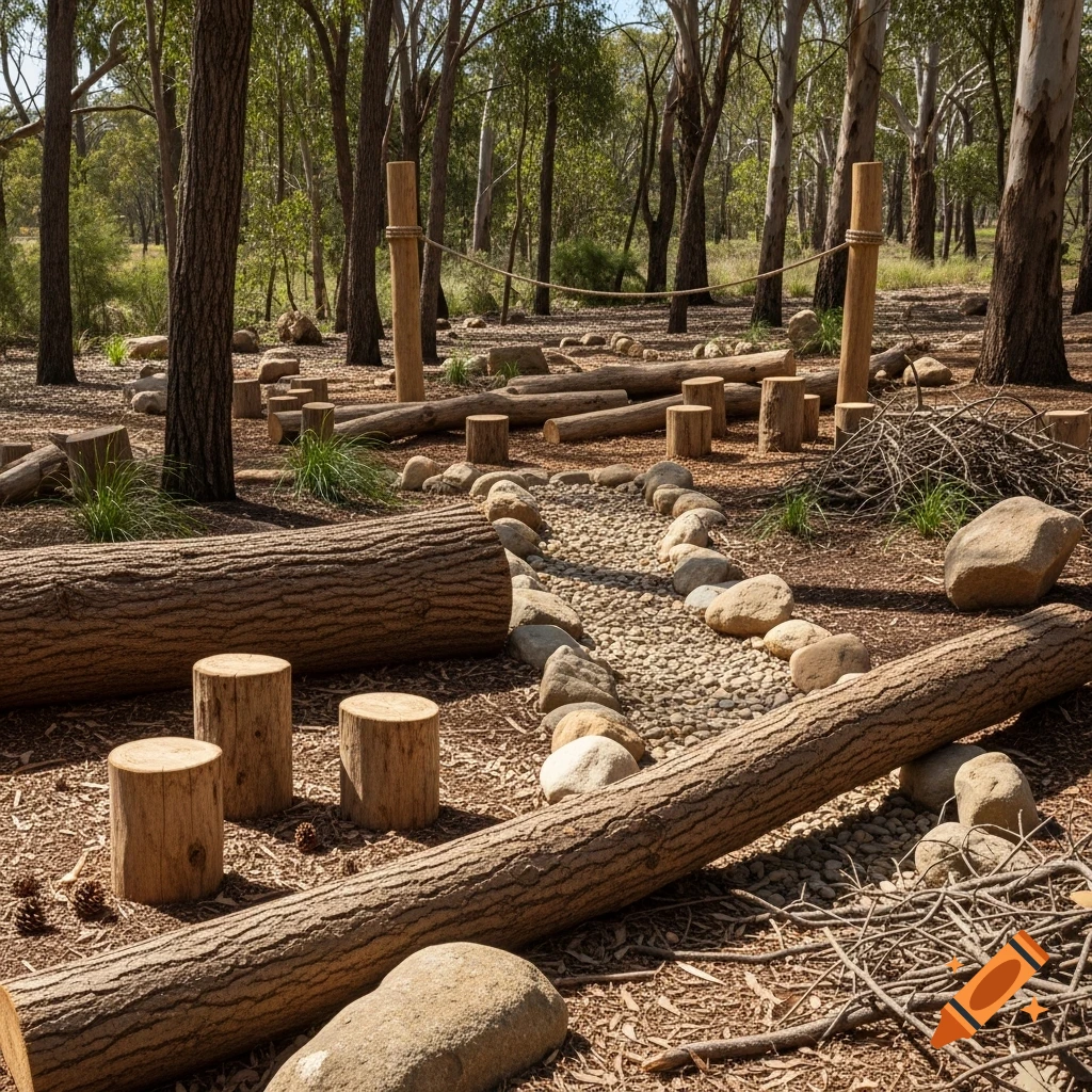 Photorealistic image of an outdoor bush-inspired play environment with logs, stumps, a rock creek bed, and a rope between trees.