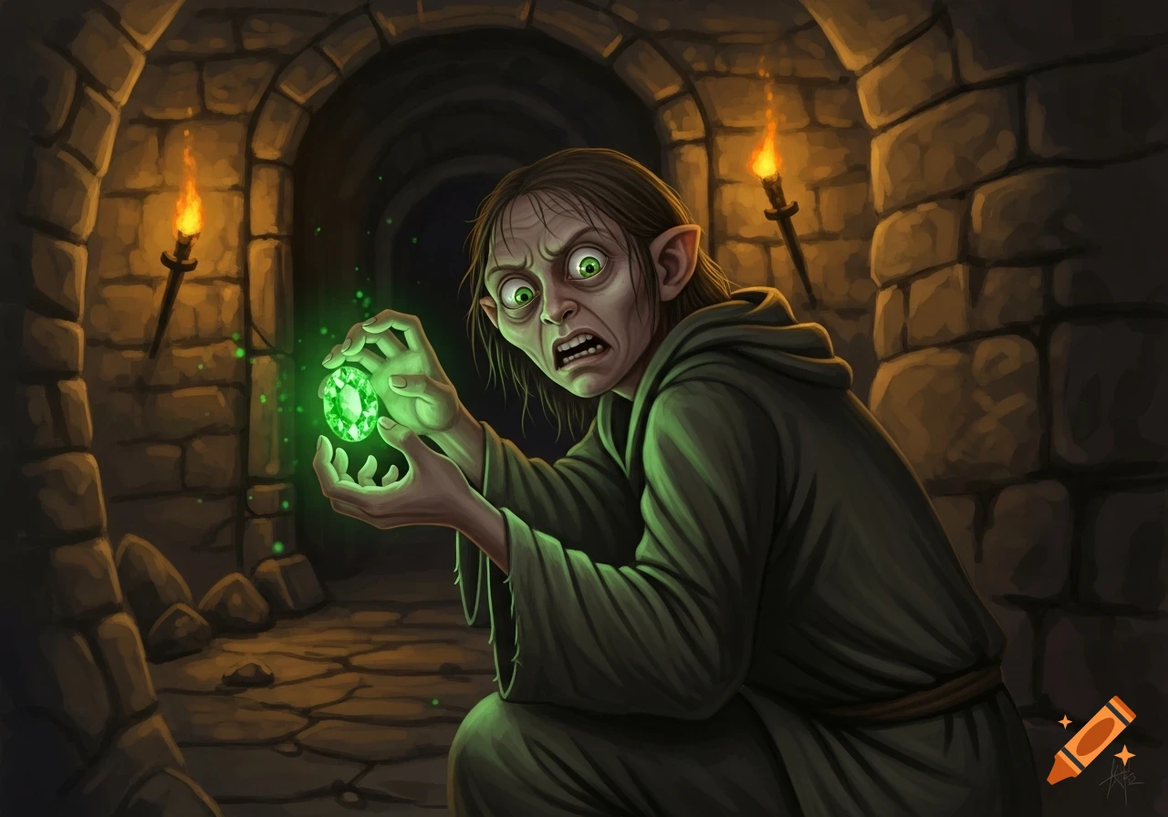An illustration of a Gollum-like creature crouching in a dark stone dungeon, holding a glowing green gem with a distressed expression.