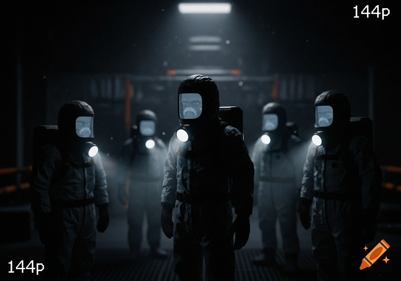 Five figures in hazmat suits with glowing chest lights stand in a dark, ominous corridor, with "144p" visible on the image, evoking a low-resolution, pixelated aesthetic.
