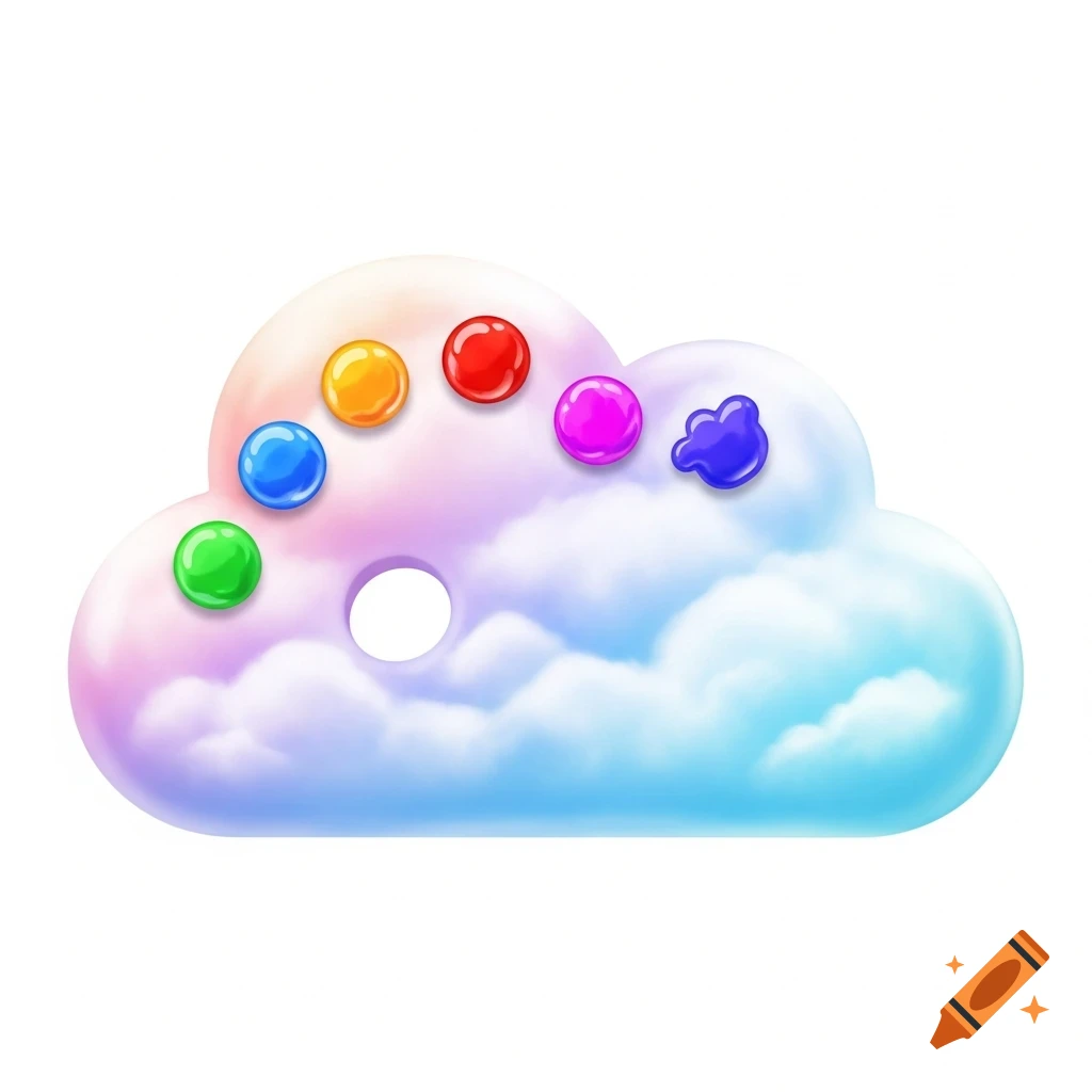 A pastel-colored cloud shaped like an art palette, featuring colorful paint blobs and a thumbhole.