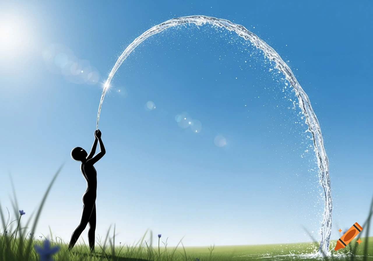 A black silhouette figure stands in green grass under a blue sky, holding up an arching stream of sparkling water.