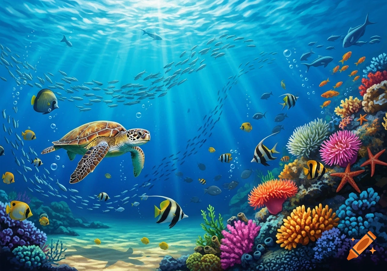 Vibrant underwater scene with a sea turtle, schools of fish, and colorful coral reefs, bathed in sunlit blue water.