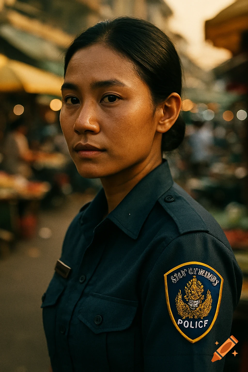 Photorealistic portrait of a Cambodian female police officer in uniform standing in a bustling street market at golden hour.