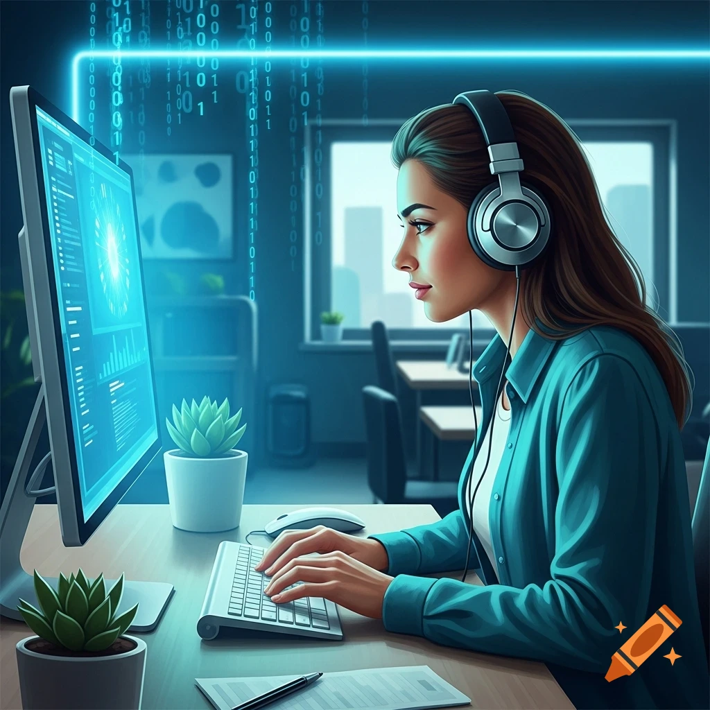 A woman in headphones types on a keyboard while looking at a glowing blue computer screen with binary code in an office.