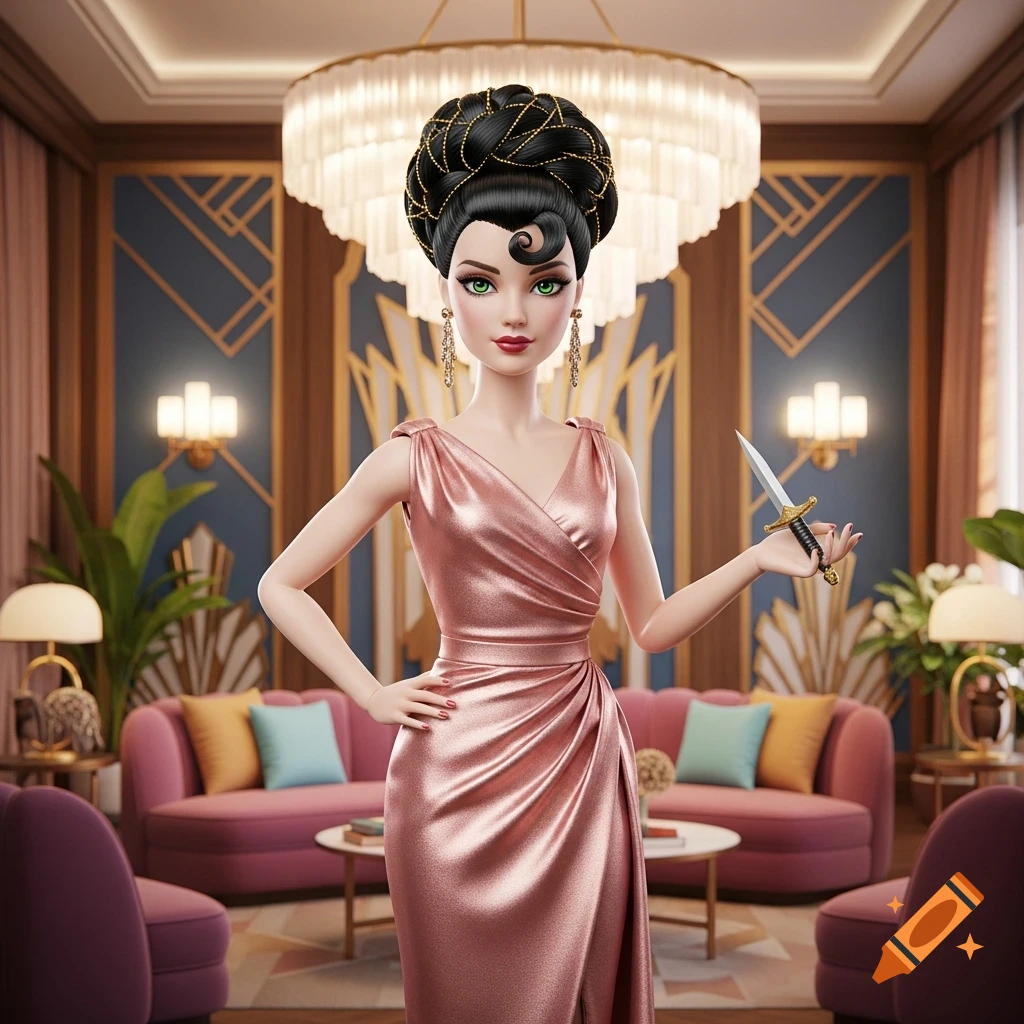 A Barbie-style doll resembling Yor Forger, in a pink dress, holding a small dagger, in an opulent Art Deco room.