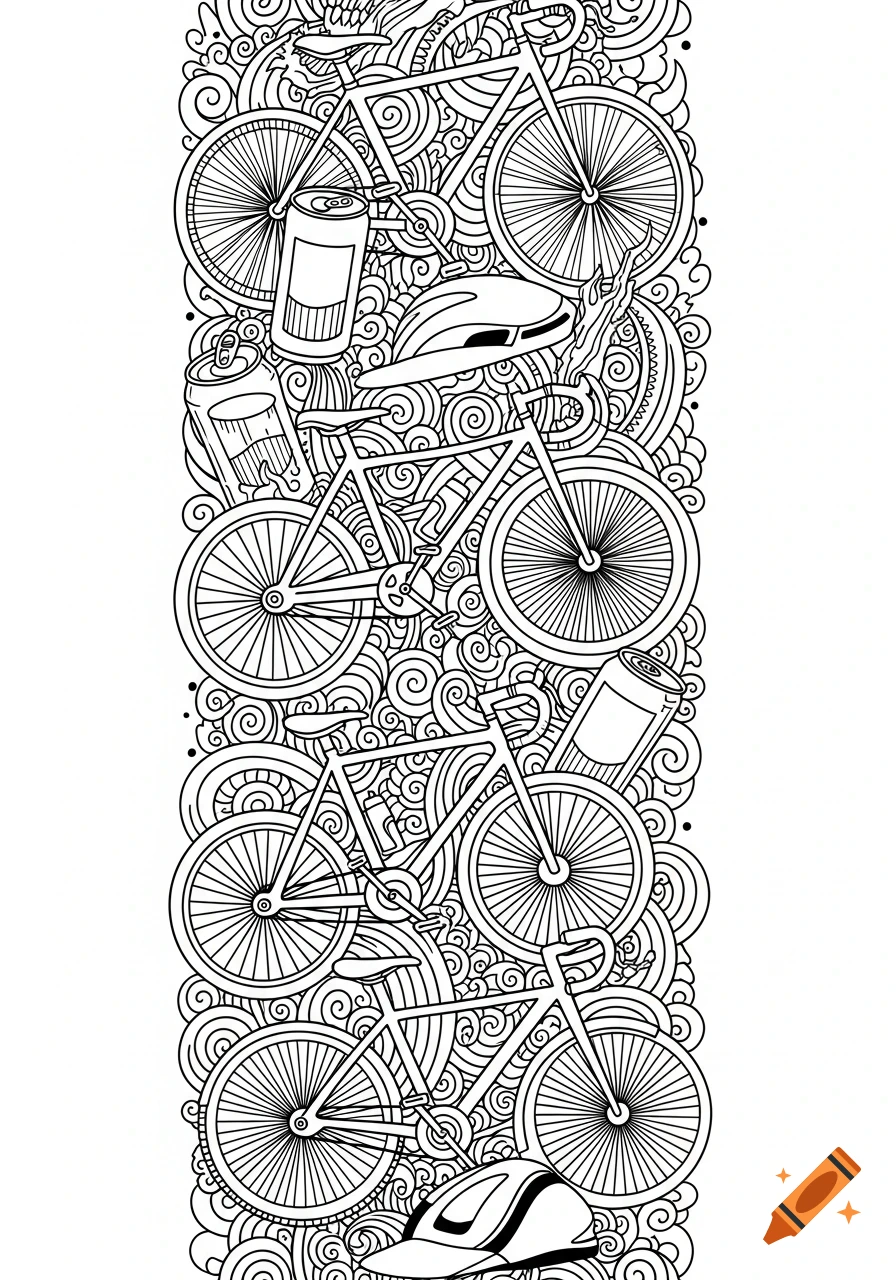 Black and white doodle art featuring bicycles, cans, and cycling caps intertwined with swirling abstract patterns, against a white background.