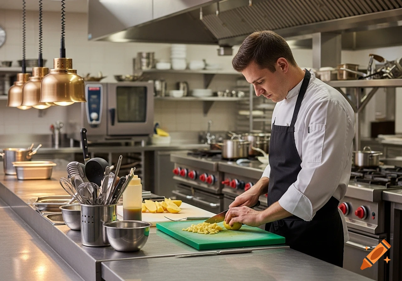 A professional chef chops potatoes on a green cutting board in a well-lit, modern industrial kitchen with stainless steel equipment. Photorealistic.
