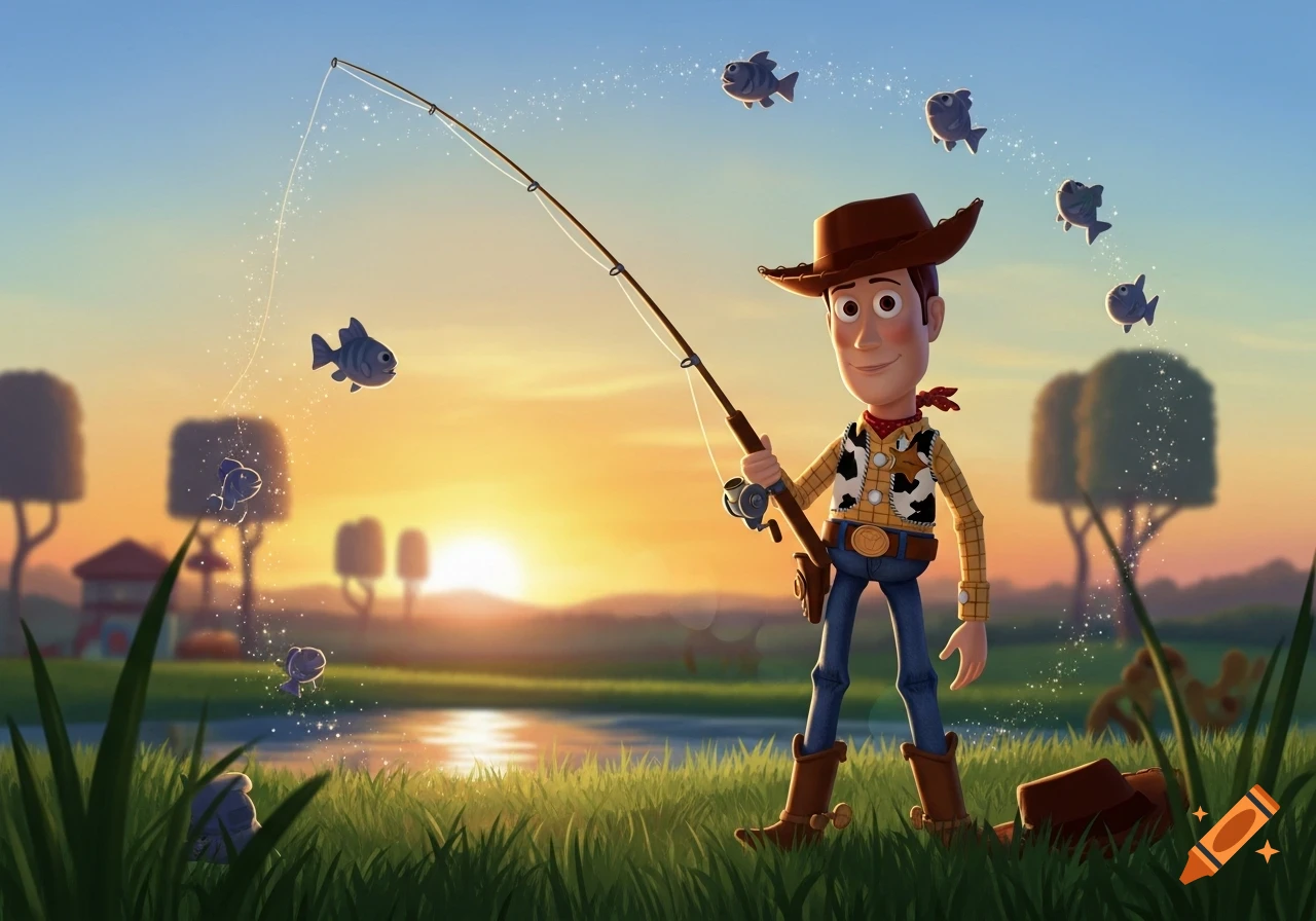 Woody from Toy Story holds a fishing pole by a lake at sunset, with cartoon fish jumping in sparkling water.