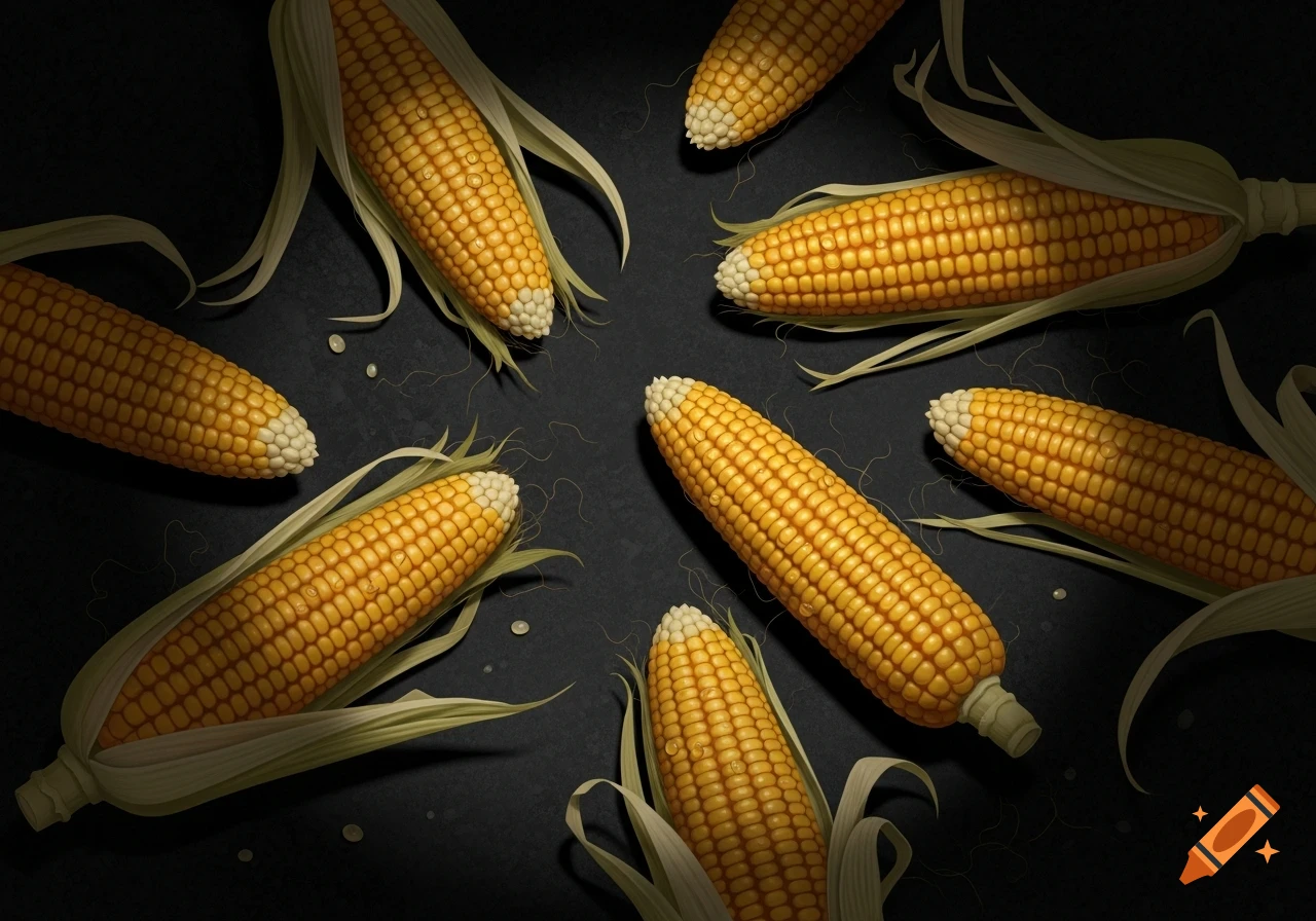 Several photorealistic ears of corn with husks and water droplets scattered on a dark, textured surface.