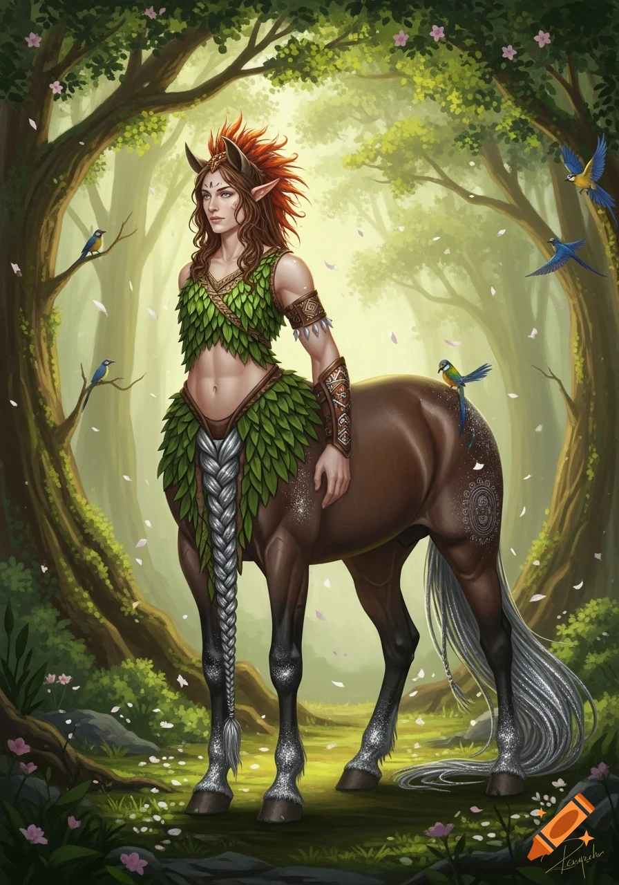 A female centaur with a leaf top and skirt stands gracefully in an enchanted forest with birds and falling petals, in a detailed fantasy art style.