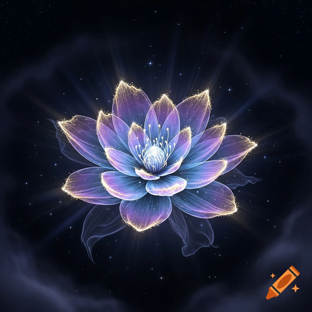 A glowing, ethereal purple and blue lotus flower with golden sparkling edges against a dark, star-filled background.