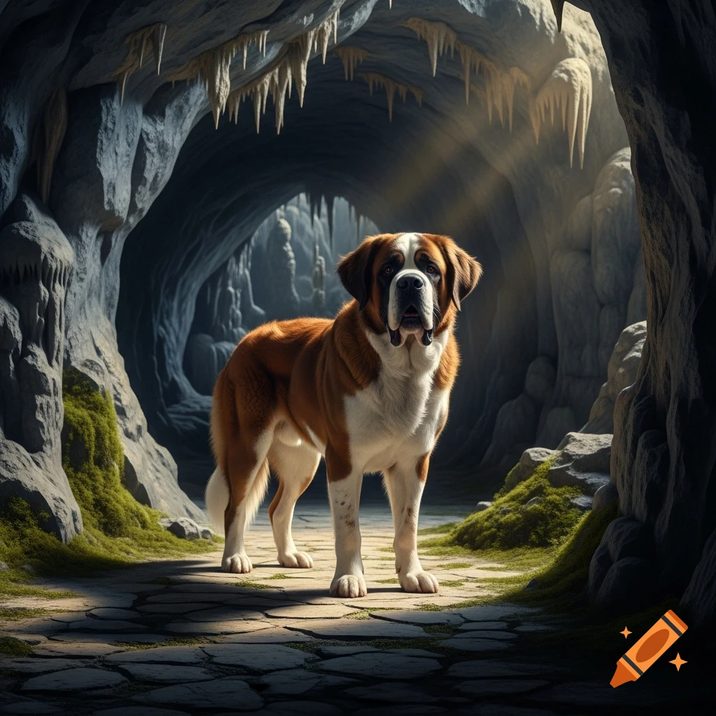 A majestic Saint Bernard dog stands in a mystical cave with light beams piercing through the ceiling, illuminating its path.