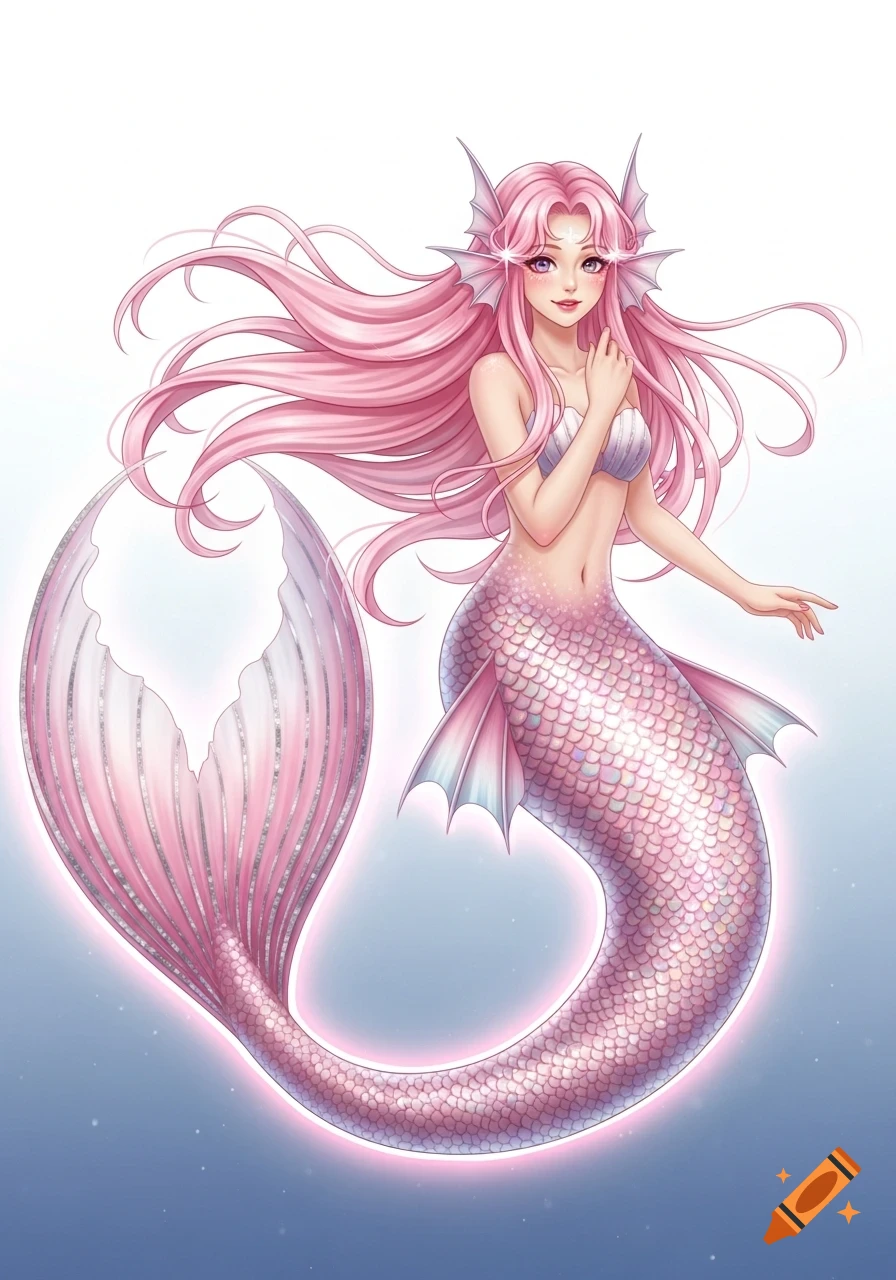 Anime illustration of a pink-haired mermaid with a shimmering pink and silver tail on a light blue background.