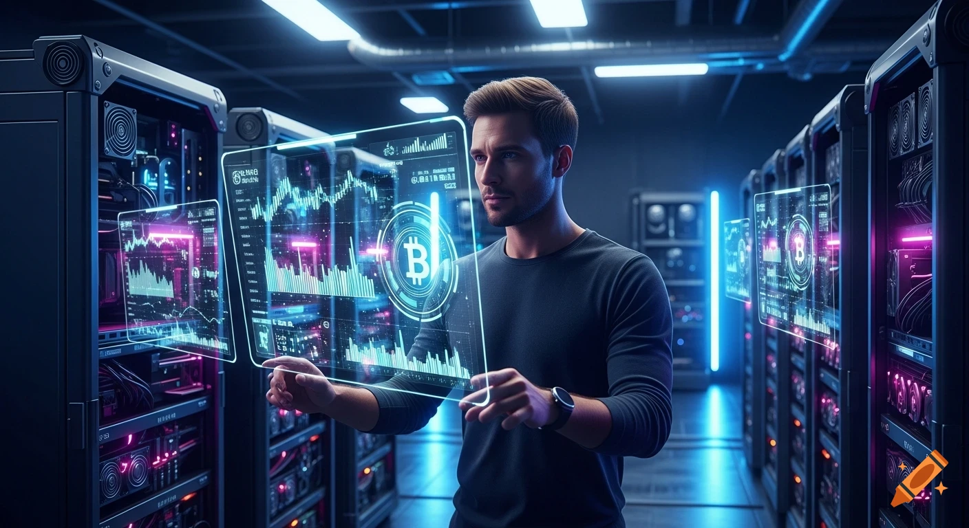 A focused man interacting with glowing holographic screens displaying Bitcoin data in a high-tech data center.