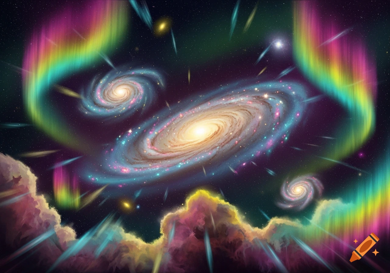 Vibrant psychedelic cosmic scene with swirling galaxies, colorful nebulae, and aurora-like lights.