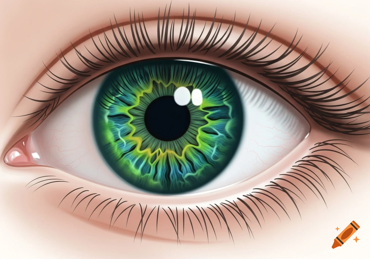 A detailed digital illustration of a human eye with a vibrant green and blue iris.
