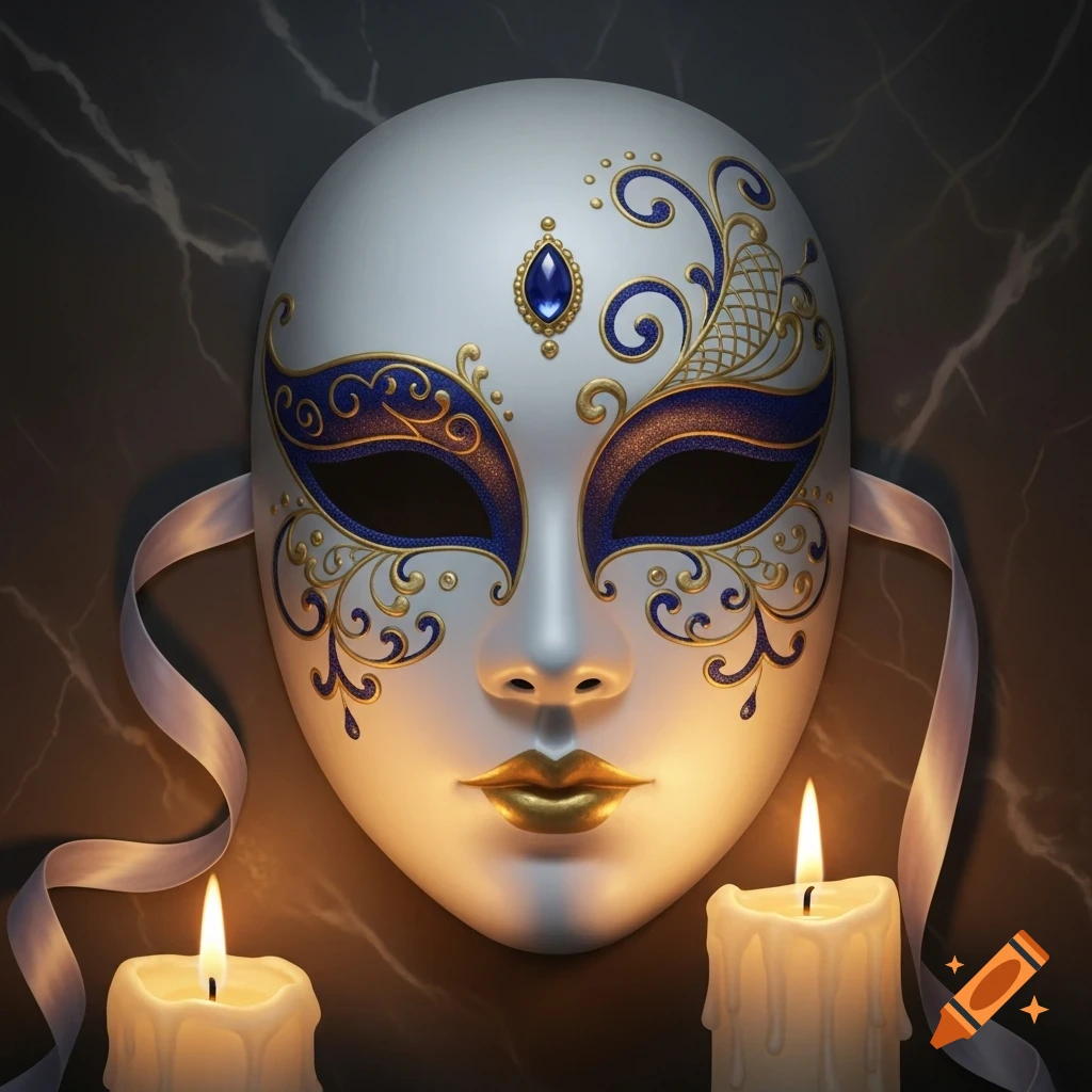 A white masquerade mask with ornate gold and blue decorations, lit by two glowing candles against a dark marble background.