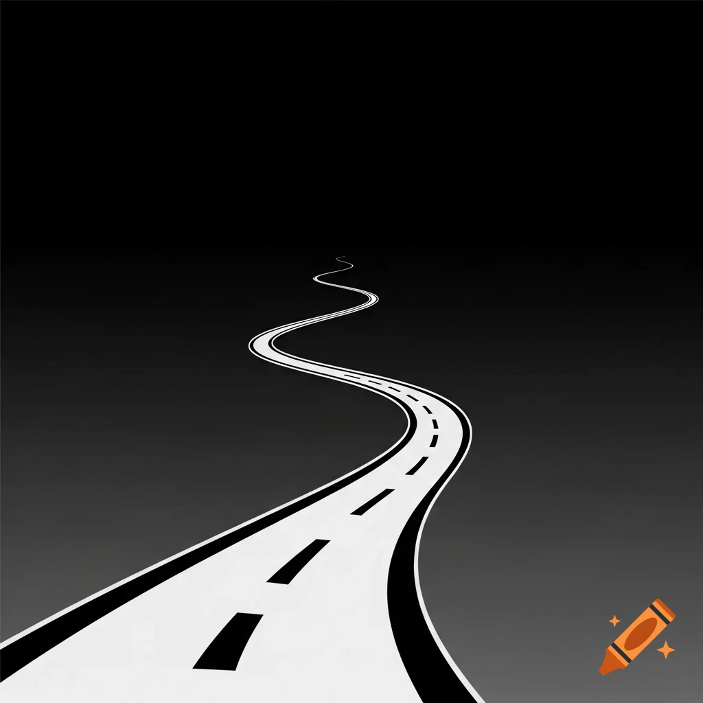 Minimalist white winding road with dashed lines on a dark gradient background, vector art.