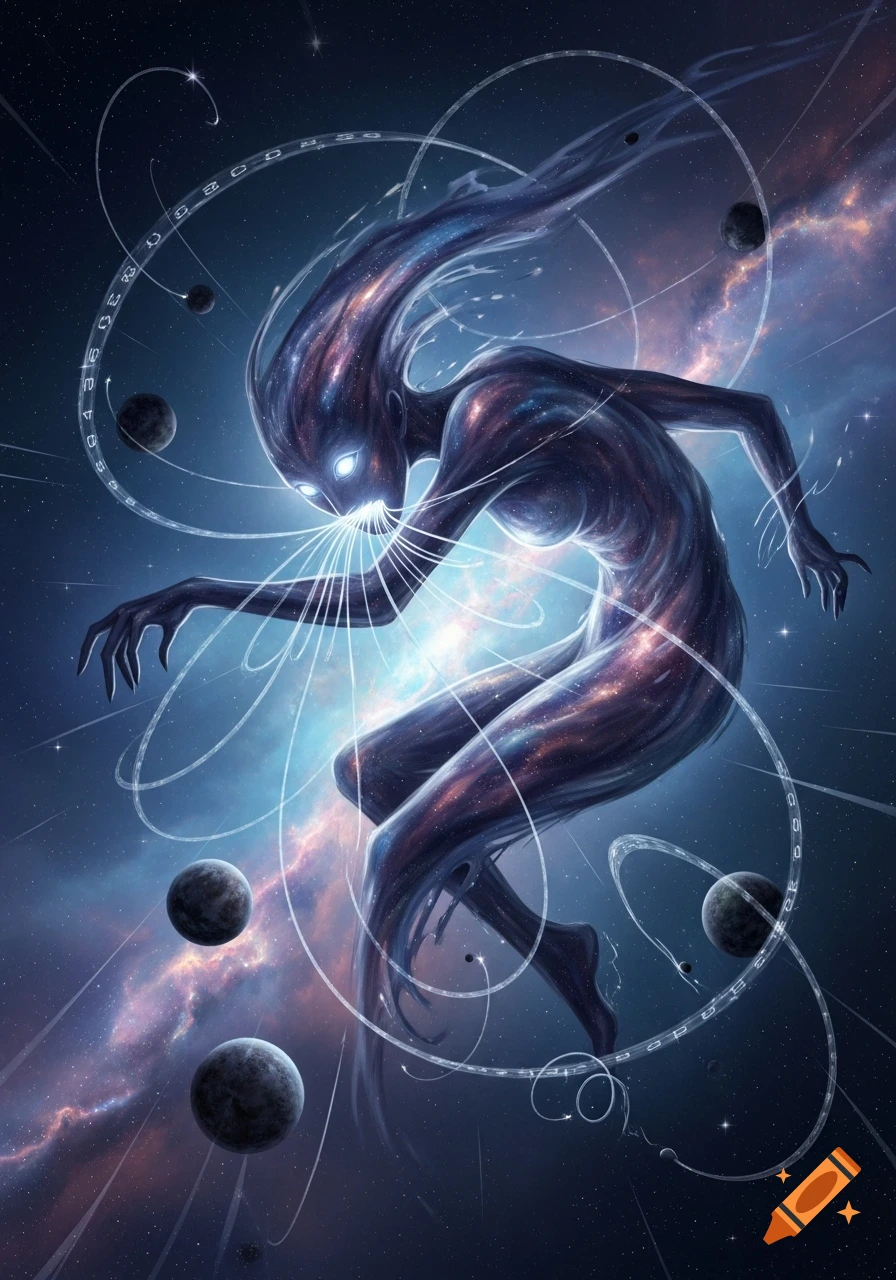 A cosmic humanoid figure, appearing as a galaxy-filled silhouette with glowing eyes, manipulates luminous energy in deep space amidst planets and nebulae.