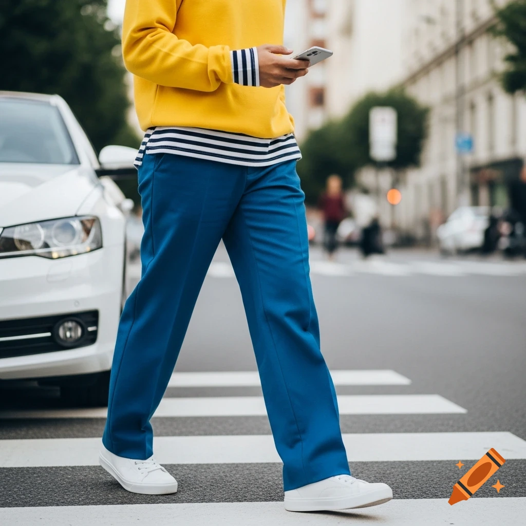 Person in yellow sweatshirt, blue pants, and white sneakers crosses a street on a zebra crossing, holding a phone. A white car is visible.
