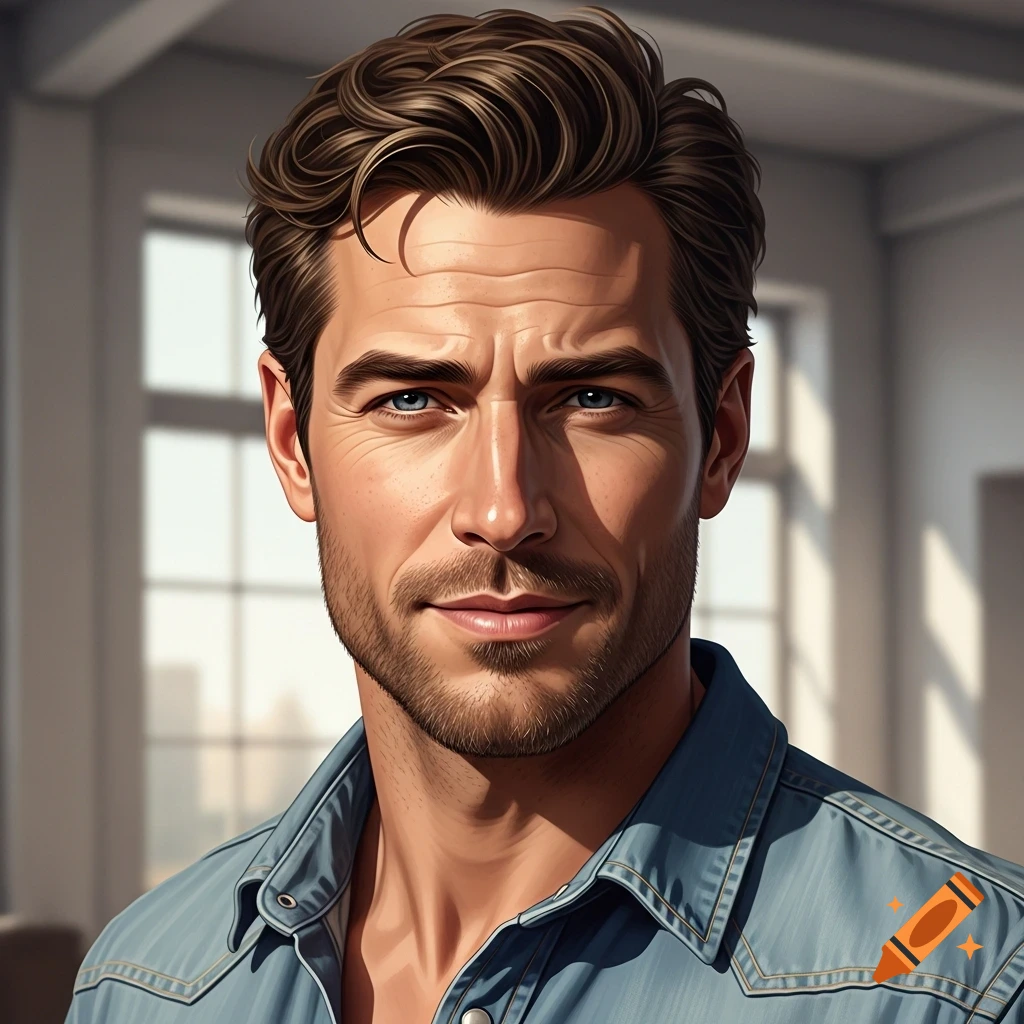 A realistic portrait of a Caucasian man in his mid-30s with brown wavy hair, blue eyes, and light stubble, wearing a denim shirt indoors.
