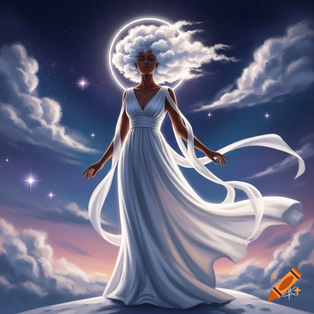 A dark-skinned goddess in a long white dress with puffy cloud hair stands against a starry night sky with clouds, digital art.