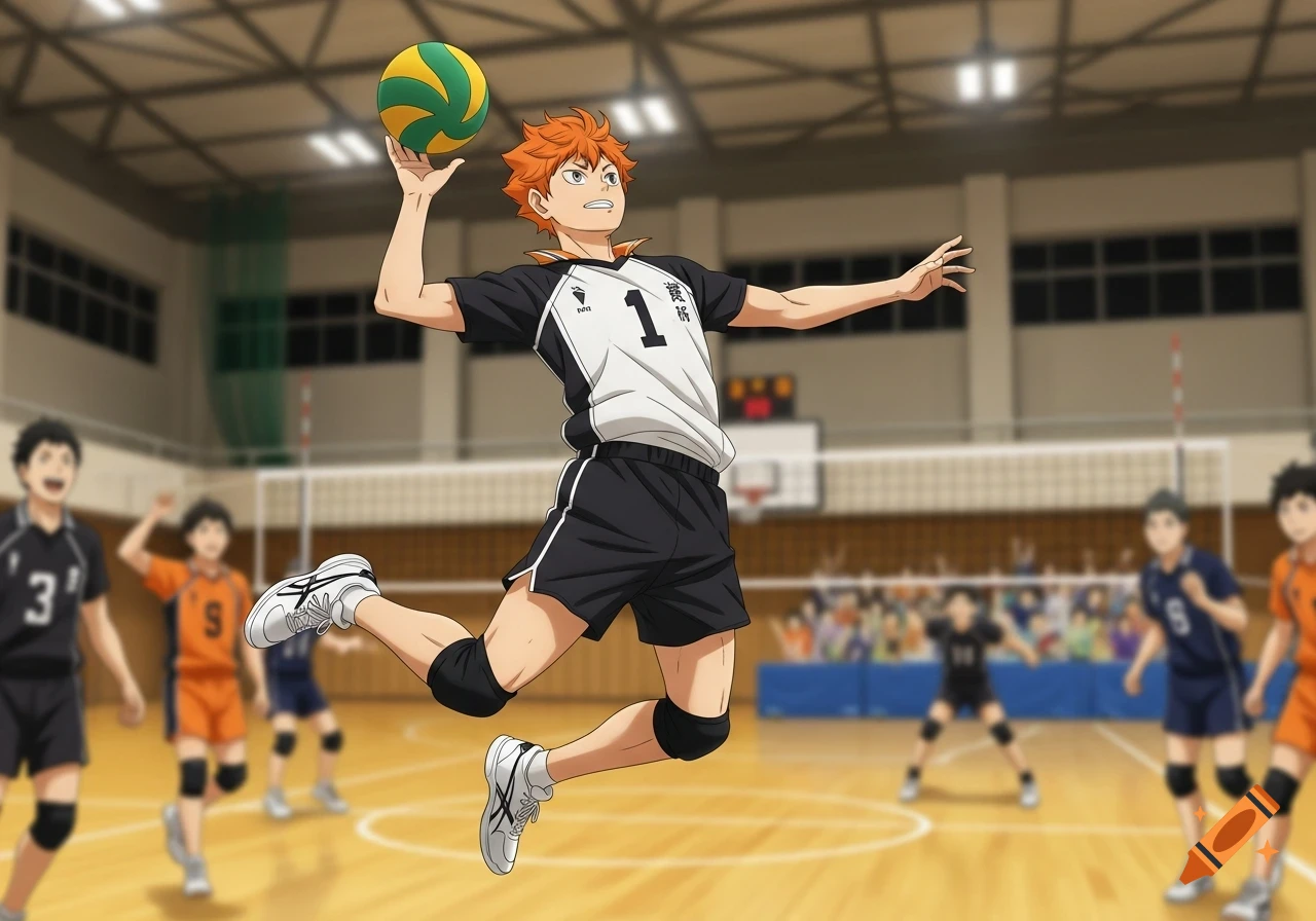 Anime character Hinata Shoyo from Haikyuu jumps to spike a volleyball in a gym.