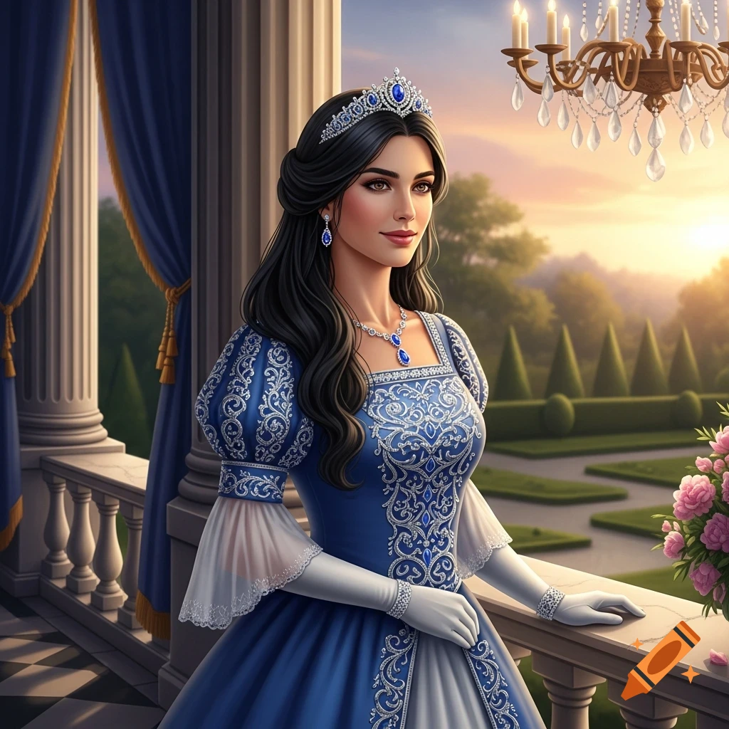 A beautiful princess in a blue and silver gown with a tiara and jewelry stands on a palace balcony overlooking formal gardens at sunset.