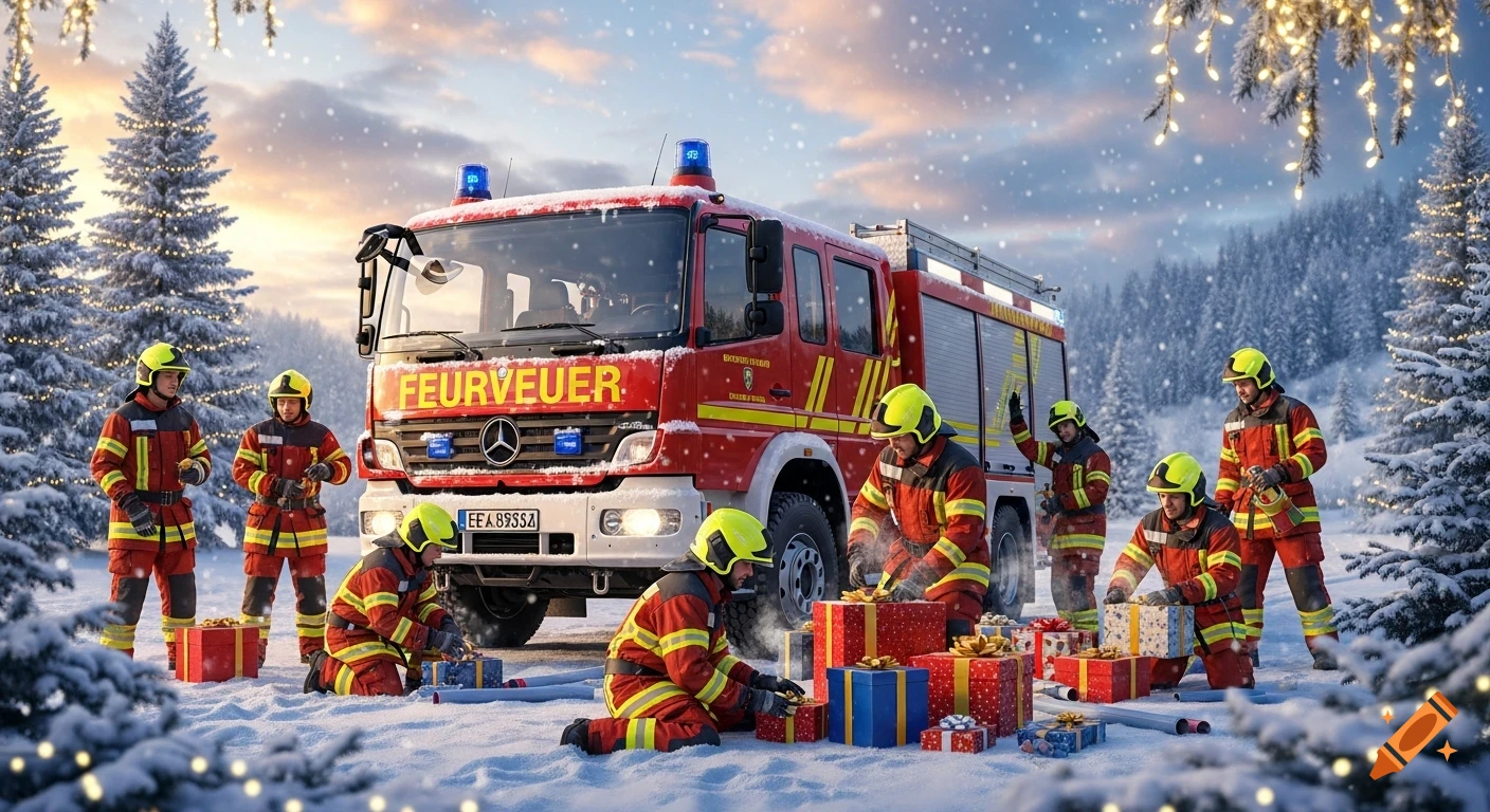Firefighters in a snowy, Christmas-decorated forest, wrapping gifts around a red fire truck.