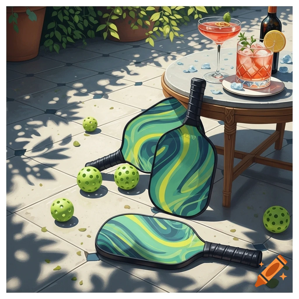 Three pickleball paddles and several balls lay on a sunlit patio next to a table with two cocktails and a bottle, in a vibrant, illustrative style.