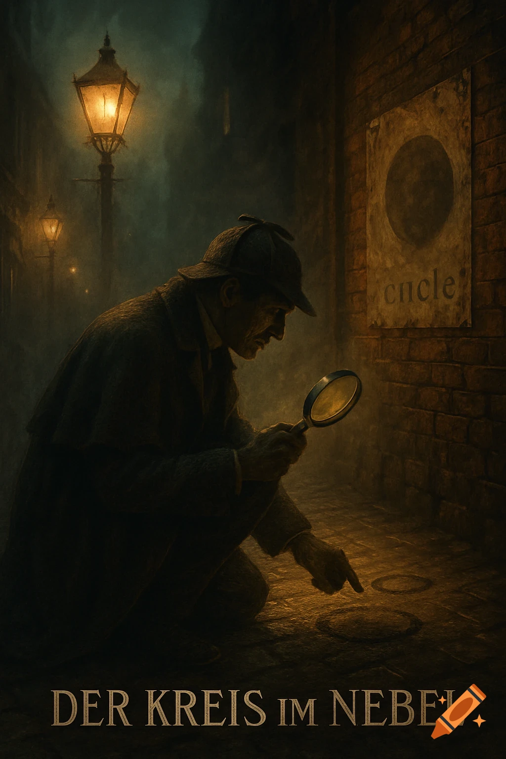 A Sherlock Holmes-style detective kneels in a foggy Victorian alley, examining circular marks on the ground with a magnifying glass. Gas lamps glow.