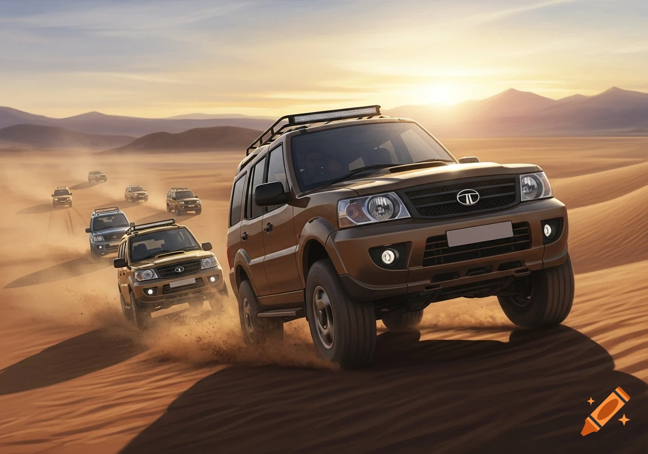 A convoy of brown and silver SUVs drives through a dusty desert landscape at sunset, kicking up sand.