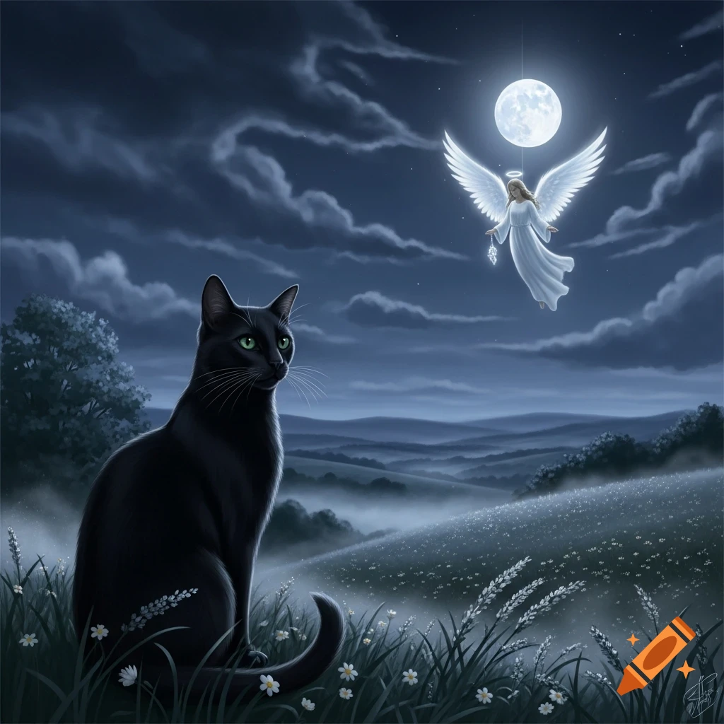 A black cat with green eyes sits in a moonlit field, looking at a flying angel and full moon in the night sky above rolling hills.