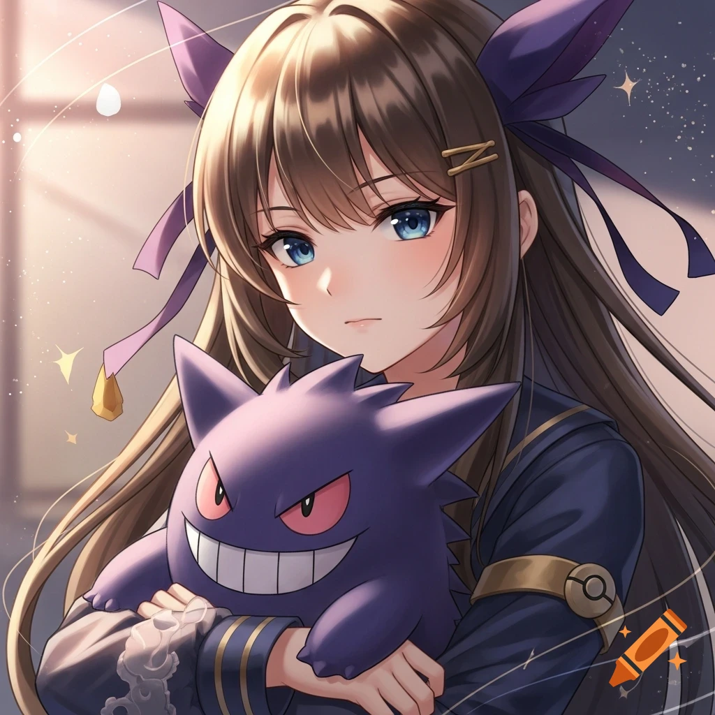 A brown-haired anime girl with blue eyes holds a purple Gengar plushie in a soft, glowing background.