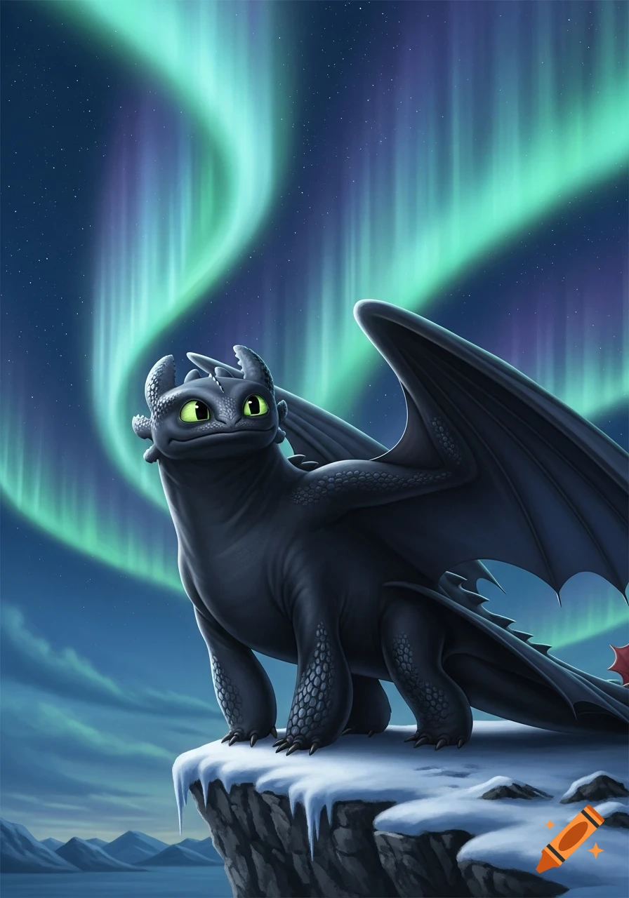 A black dragon, Toothless, stands on a snowy cliff under a vibrant ...