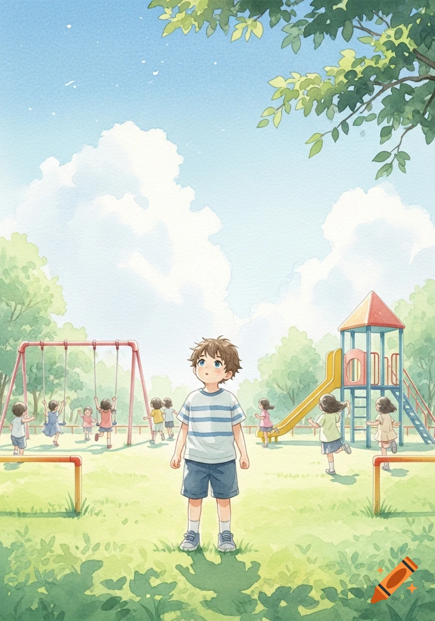 Watercolor of a boy looking up at the sky in a playground, while other children play on swings and a slide.