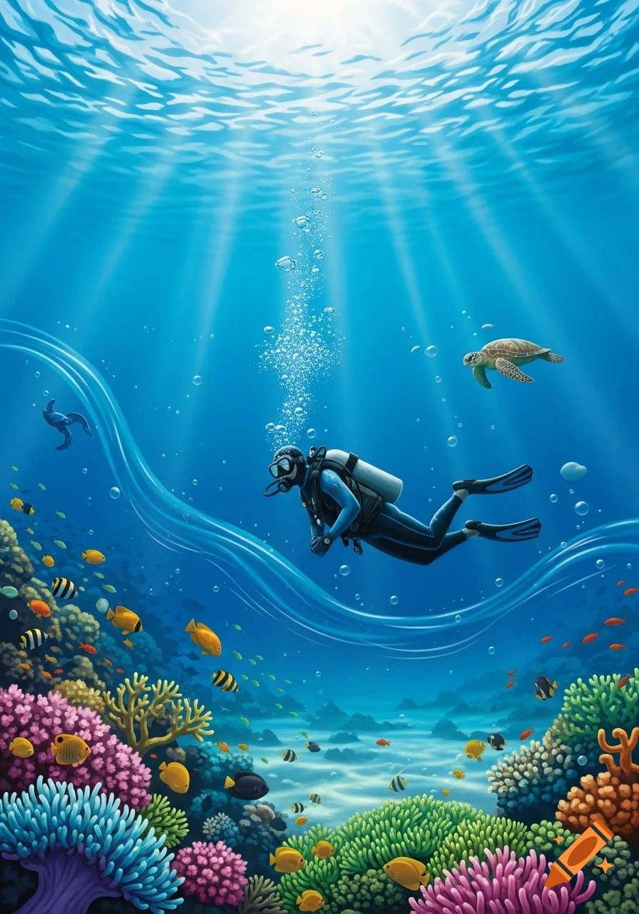 A scuba diver explores a vibrant coral reef, surrounded by colorful fish and a sea turtle, with sunlight streaming through the clear blue water.