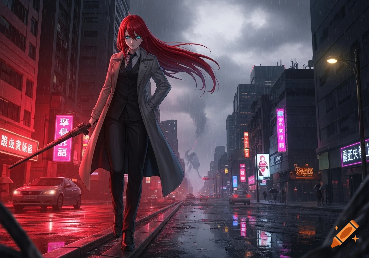 An anime woman with long red hair and blue eyes, wearing a trench coat and suit, holds a weapon and walks through a rainy, neon-lit cyberpunk city at dusk.
