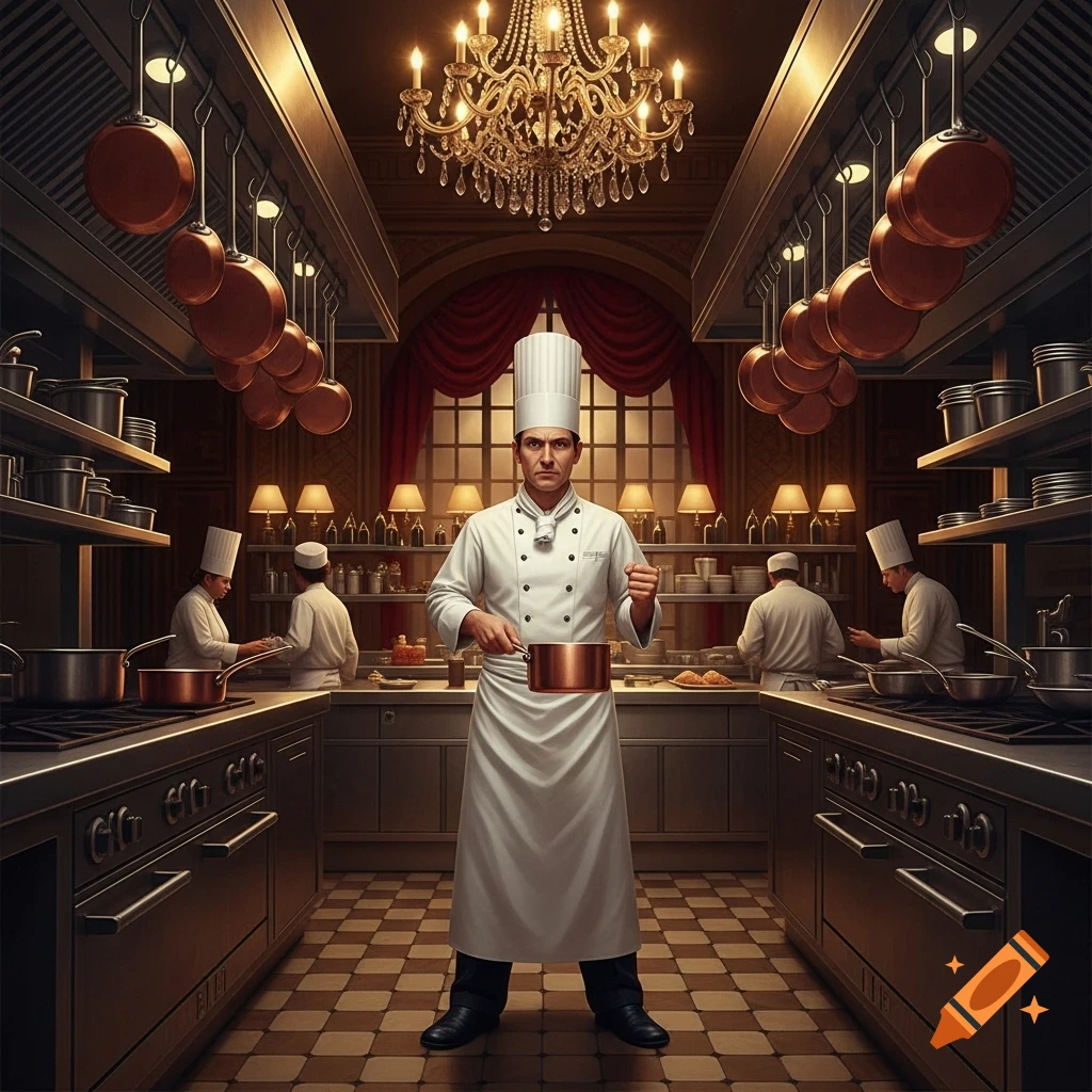 A serious chef in a white uniform stands in a grand, ornate kitchen, holding a copper pot. Other chefs work in the background. Photorealistic style.