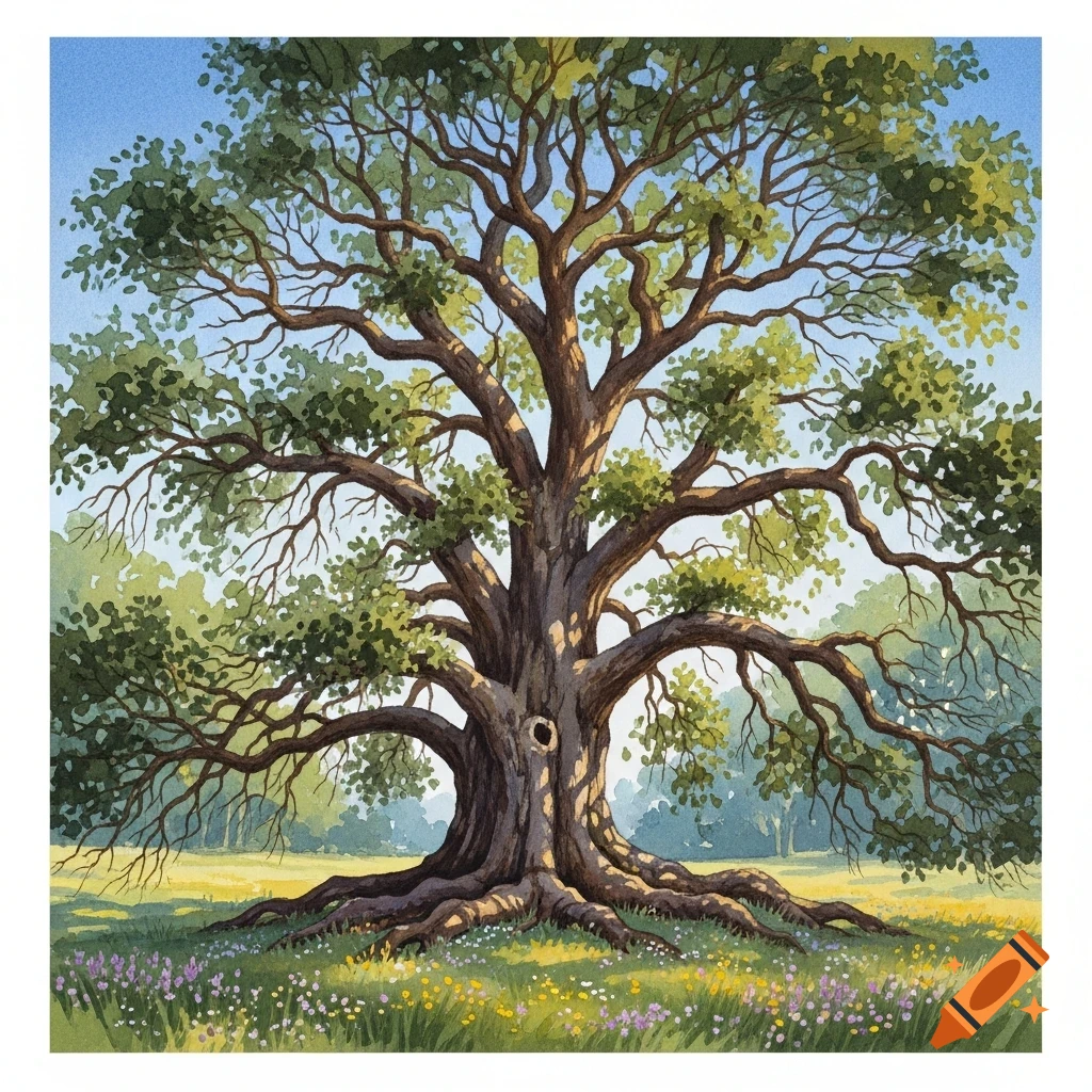 Watercolor painting of a giant oak tree with sprawling branches and exposed roots in a field of wildflowers under a blue sky.