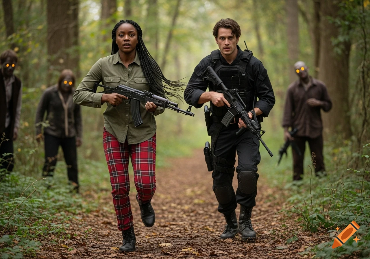 A photorealistic image of a Black woman and a white man running through a forest, armed with rifles, pursued by zombies with glowing eyes.