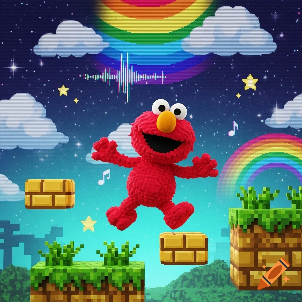 Elmo jumps across pixelated game platforms in a starry night sky with rainbows, musical notes, and sound waves.