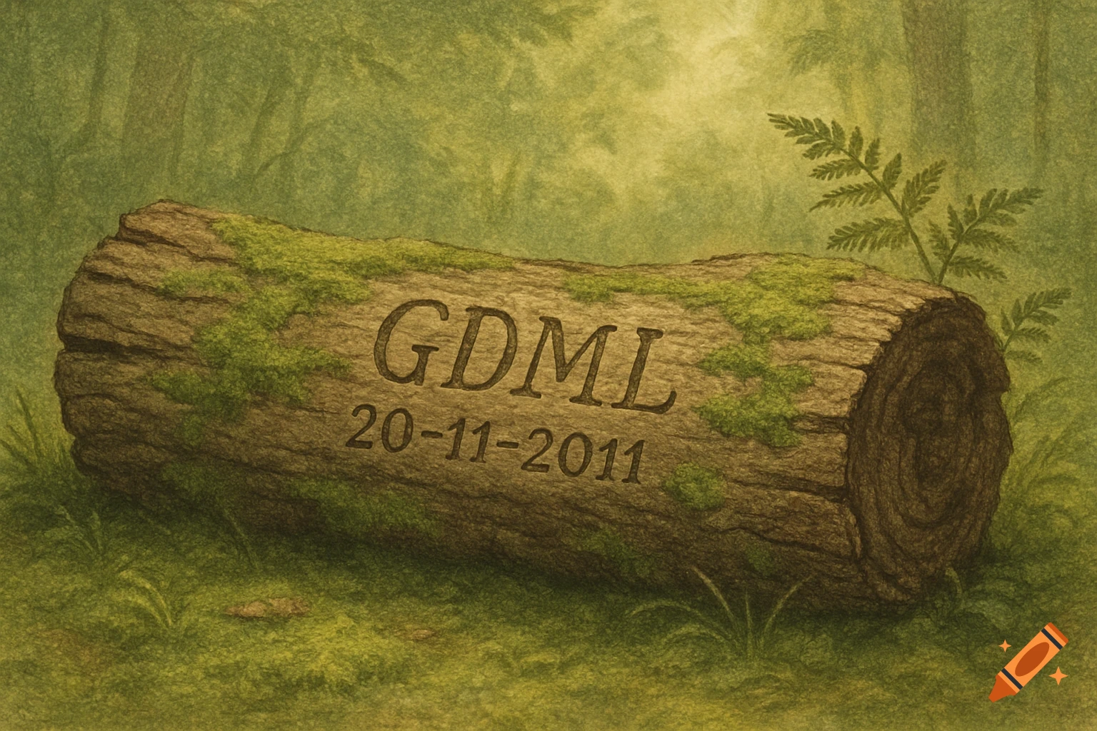 A textured illustration of a moss-covered log with 'GDML' and '20-11-2011' carved into it, set in a green forest with a fern.