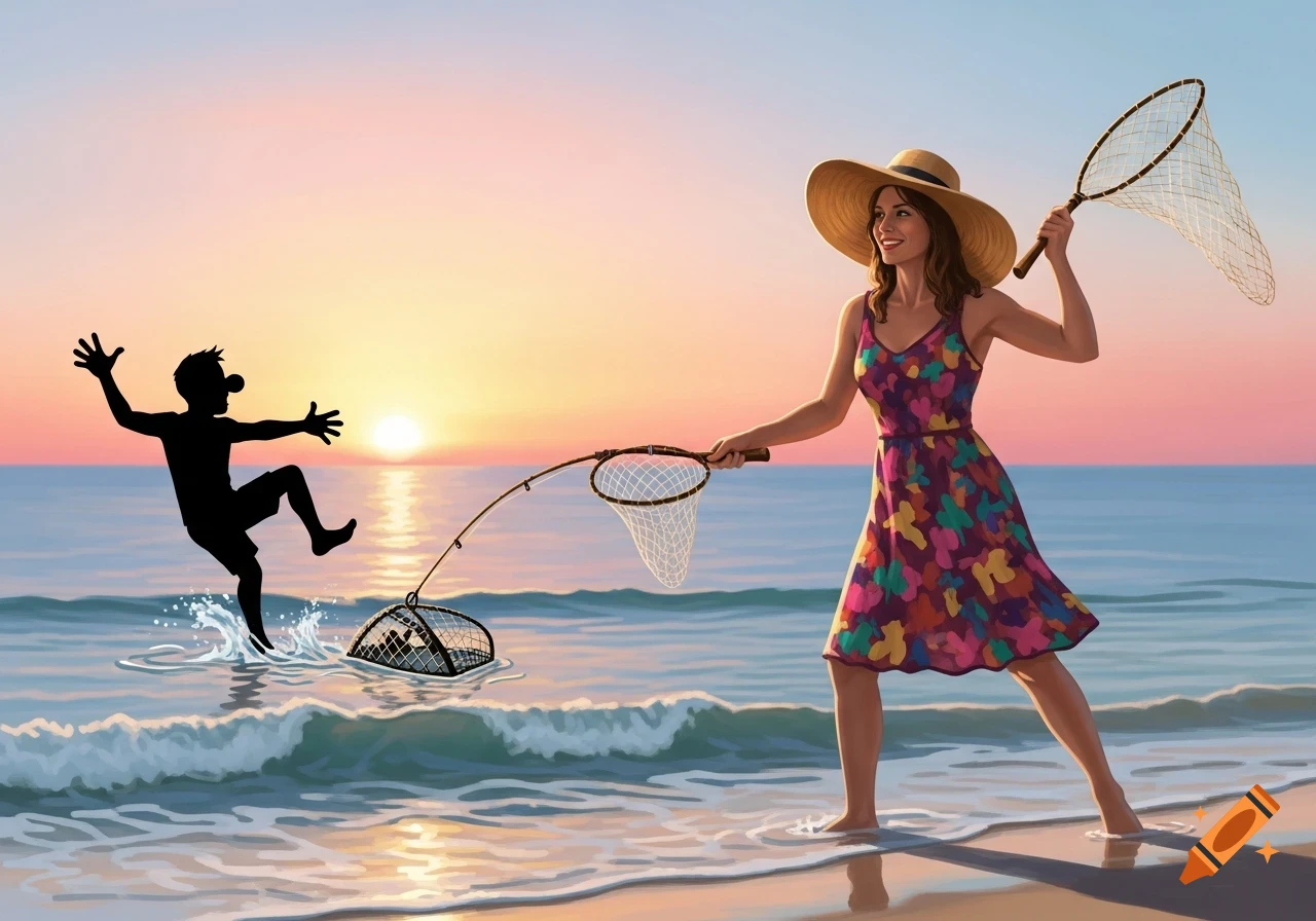 A smiling woman in a wide-brimmed hat and colorful dress casts a fishing net into the ocean at sunset, as a silhouetted man comically falls into a trap.