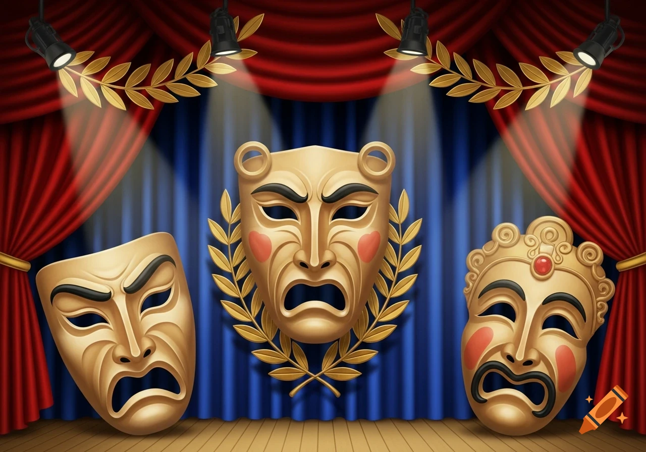 Three golden Greek theater masks on a stage with red and blue curtains and spotlights, in an illustration style.