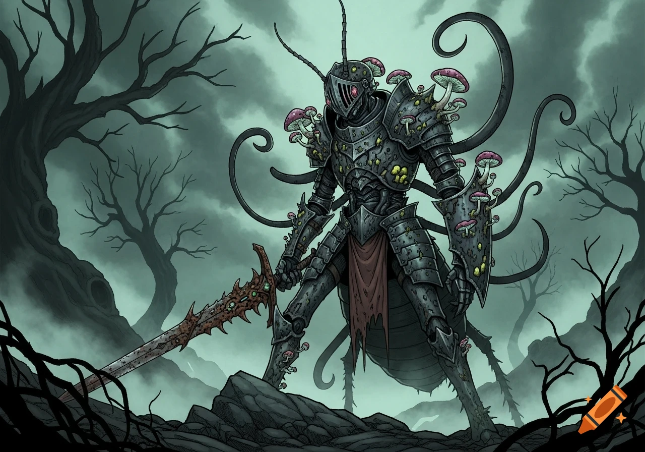 Mushroom-infected insectoid knight with a rusty sword stands in a misty, dark fantasy forest in a manga art style.